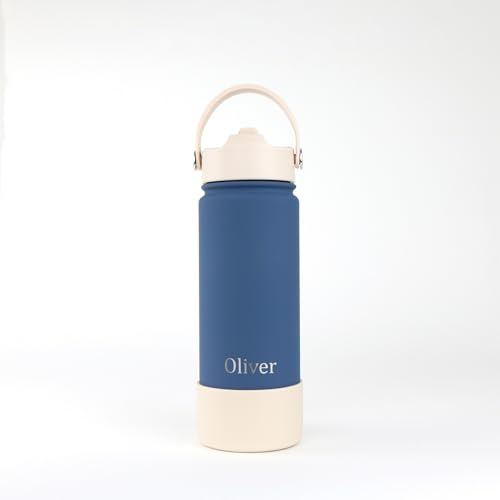 cribstar Borraccia termica personalizzata con cannuccia, in acciaio inox, a doppia parete, per 12 ore di caldo e 24 ore fredde, con coperchio con cannuccia, senza BPA (blu Oxford, 500 ml)