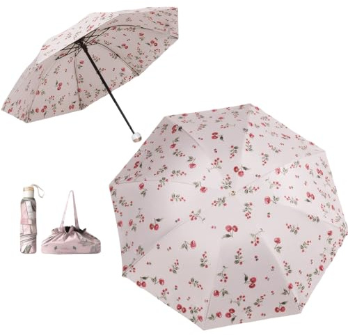 Meichoon UPF50+ Parapluie avec un sac à main Protection UV Portable Léger Imperméable Double Couche Protection Solaire Amélioré Coupe-Vent Rétro Classique Fleur Vintage pour Femmes Voyage