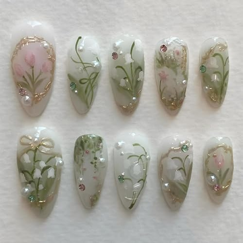 Floral Acrylic False Nails with Lily of the Valley & Crystal Decor - Reusable Stiletto Shape Press On Nails for Women, Pearl Rhinestones, Pink Blossoms, Green Vines, Wedding Party Daily Wear