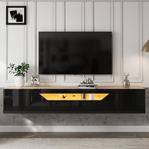 Merax Meuble TV Mural Suspendu Moderne, Support TV pour Téléviseur 75 Pouces,3 Compartiments de Rangement, Éclairage LED Bluetooth,Design Flottant (180 x 37 x 36 cm) - Noir/Chêne Naturel