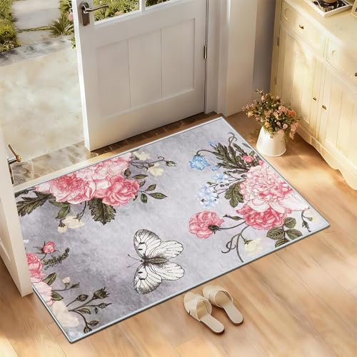 FTCJWL Pink Grey Washable Area Rugs 60X90CM bedroom rugs small Non Slip Door Mats for Entryways Bedroom Laundry Bedroom Dining Room