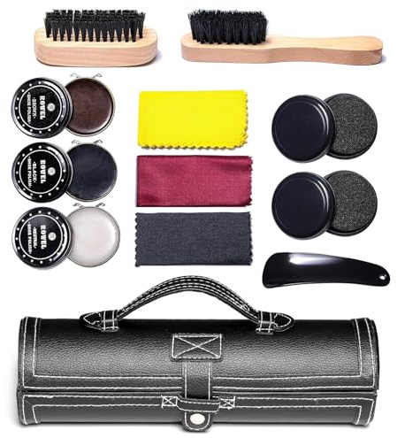 Shoe Cleaning Kit - 12 Packs Black Shoe Polish Kit, Shoe Leather Cleaning Shine Care Barrel Set with Travel Case, Horsehair Brush, Applicator, Wooden Shoehorn, for Boot Polishing Cleaning Caring
