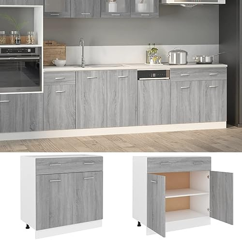 Frdhee Meuble Four Et Plaque Encastrable, Armoire de Plancher à tiroir Lyon Gris 80x46x81,5 cm avec Tiroir à Fermeture Douce et Étagère Réglable