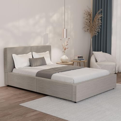 Juskys Polsterbett Salerno 140 x 200 cm – Cord Taupe, modernes Bett mit Kopf- & Fußteil, stabilem Holz- & Metallrahmen, Lattenrost, 500 kg Tragkraft