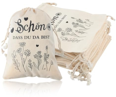 WANDIC 30 Stück Geschenkbeutel Stoff, Stoffbeutel Klein mit Kordelzug, Farbene Wildblumen-Muster Geschenktaschen mit Schriftzug „Schön DASS Du Da Bist“, passend für Hochzeit, Geburtstag, Einschulung