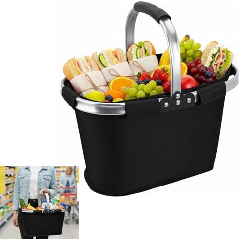 21 l vikbar shoppingkorg, picknickkorg, bärkorg med vadderat handtag, perfekt för shopping, picknick och resor (svart)
