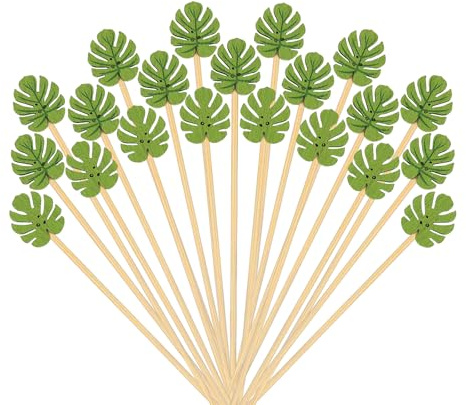 100 Palillos para Aperitivos con Hojas de Palmera, Pinchos para Aperitivos Hawai, Palillos de Cóctel de Madera, Decoraciones Cócteles Graciosos, Decoración de Fiestas para Fruta, Postres (Farbe-D)