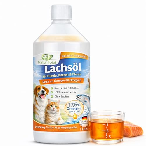 Natur Total Lachsöl für Hunde, Katzen & Pferde 1L – 100% reines Fischöl, 17,6% Omega 3 (EPA & DHA), für glänzendes Fell & gesunde Haut, Barf Öl ohne Zusätze, Made in Germany