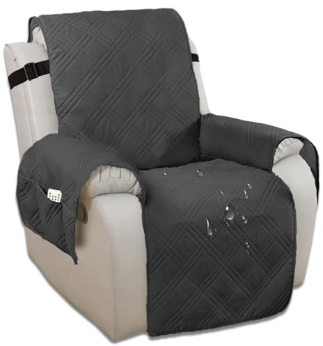 Edumov Recliner Chair Cover, Waterproof Recliner Slipcovers with Side Pockets, Soft Washable Sofa Protector for Dogs & Pets, Non-Slip Armchair Covers Fit Most Electric Chair, Dark Grey