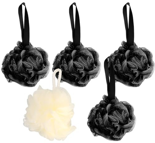 SLIAXINT Set di 5 spugne da doccia, spugna per il bagno, per il corpo, per la doccia, per il corpo, al carbone attivo, 4 nere, 1 beige, schiumosa, durevole, delicato sulla pelle per doccia, bagno