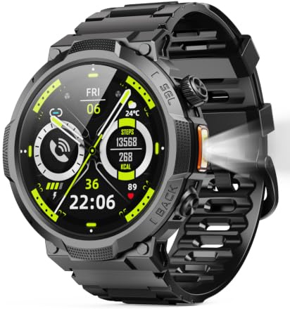 Soudorv 1.53 HD Military Smart Watch, 1000 mAh Battery, Flashlight | Fitness Watch for Men, Answer/Make Call, IP68 Waterproof, 110+ Sports, Heart Rate Monitor, Sleep Tracking, Android iOS