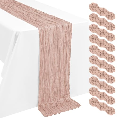 10 Stück Rosa Rouge Käsetuch Tischläufer 55x300cm Boho Gaze Deko | Gaze Stoff, plissierte Textur, waschbar, geeignet runde/rechteckige Tische, Hochzeit, Brautparty, Erntedank & Weihnachtsdeko