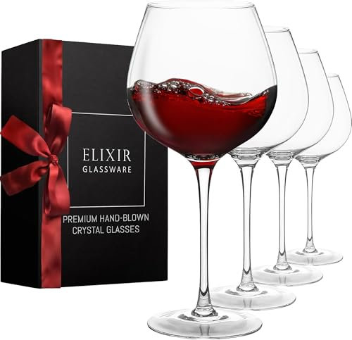 Elixir Glassware Copas De Vino Juego De 4 - Copas De Vino Tinto O Blanco - Copas De Cristal Grandes - Para Hombres, Mujeres, Bodas, Aniversarios, Navidad, Cumpleaños - 650ml, Transparente