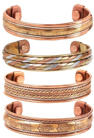 Touchstone Copper magnetic healing bracelet Tibetan style. Hand forged with solid and high gauge pure copper. Set of 4 different designs in 3 metals