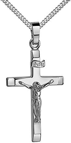 Silber Kreuz-Anhänger Kruzifix Jesus Christus mit INRI-Gravur Kettenanhänger 925 Silber. Mit Halskette in verschiedenen Kettenlängen wählbar.