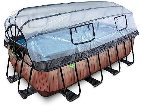 EXIT Toys Wood Pool con Copertura - 400x200x122cm - Grande Piscina Rettangolare con Telaio, Pompa a Sabbia, Pompa di Calore e Scala - Piscina Extra Profonda - Per Acqua Pulita e Calda - Marrone