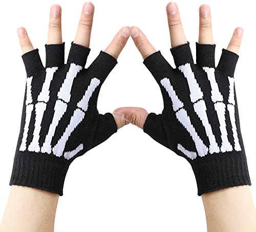 BOBIBI Unisex dehnbare, fingerlose Handwärmer, Skelett-Handschuhe, Halloween-Zubehör für Damen und Herren, Weißer Kondyl, Einheitsgröße