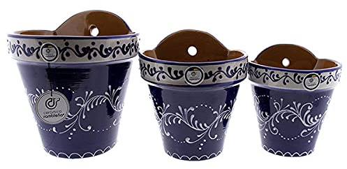 CERÁMICA RAMBLEÑA | Maceta Colgante Pileta | Maceta de Barro para Colgar | Maceta Pared Patios de Córdoba Patio Andaluz | 100% Decorada a Mano | Conjunto x3