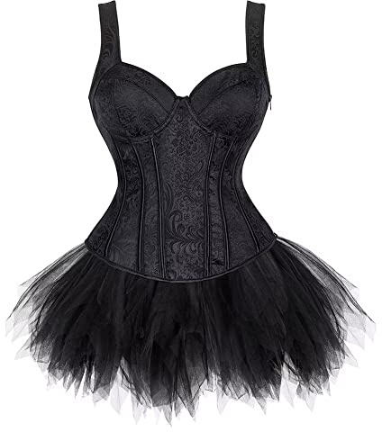 Josamogre Corset Bustier Femme Jupe Robe Set Sexy Bretelles Fermeture ?Clair Lingerie Déguisement Grande Taille Noir XL