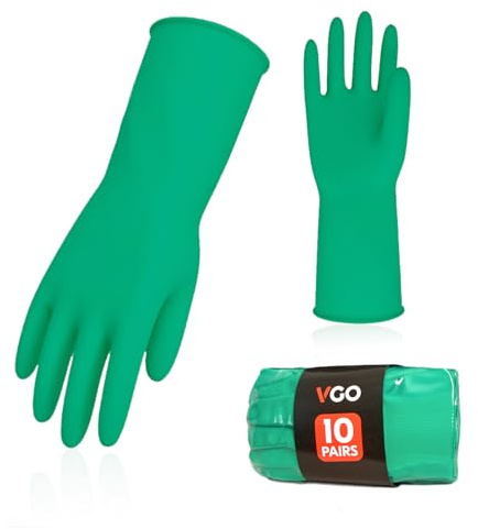 Vgo... 10 par återanvändbara hushållshandskar, gummi diskhandskar, extra tjocklek, långa ärmar, köksrengöring/arbete/trädgårdsarbete (HH4601, grön, M, 10 par)