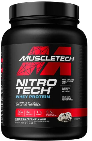 MuscleTech NitroTech Whey Protein Powder, Muscle Maintenance & Growth, Whey Isolate Protein Powder With 3g Creatine, Protien Shake For Men & Women, 6.8g BCAA, 20 Servings, 908g, Cookies & Cream