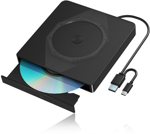 Wbacon Unità CD/DVD esterna per laptop, masterizzatore CD DVD portatile USB 3.0 e tipo C, CD ROM +/-RW, lettore DVD esterno per laptop, compatibile con desktop, PC, Windows, Linux, Mac OS, Apple