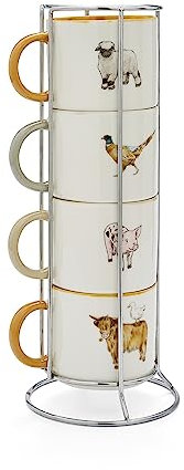 Cooksmart Set of 4 Stackable Mugs | British Designed Stacking Mugs for All Kitchens | Stacking Mugs for Modern Kitchens with Lovely Designs - Buttercup Farm