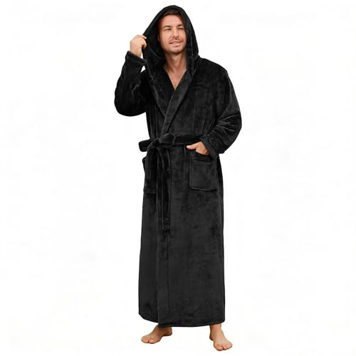 U2SKIIN Herren Fleece Bademantel mit Kapuze, in voller Länge verdickter Plüsch Bademantel warm für Männer dicker Robe