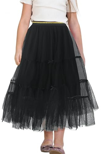Happy Cherry - Kids Girl Long Tutu Tulle Skirt High Waist A-Line Layered Skirt Children Princess Party Maxi Skirt with Lining School Casual Wear Solid Color Age 11-12 Black
