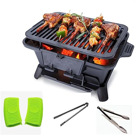 Barbecues à charbon de bois, gril à charbon en fonte, barbecue de table avec filet de grillage double face, porte de régulation d'air et porte coupe-feu, gril de fumoir portable po