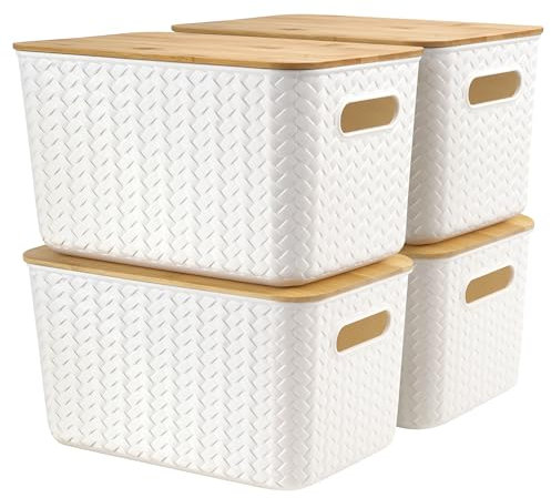 Winter Shore Caja Almacenaje Grande con Tapa de Bambú (Pack de 4) - Cestas Almacenaje de Plástico - Caja Organizadora Decorativa para Escritorio y Oficina - Cajas Apilables de Alta Carga con Tapa