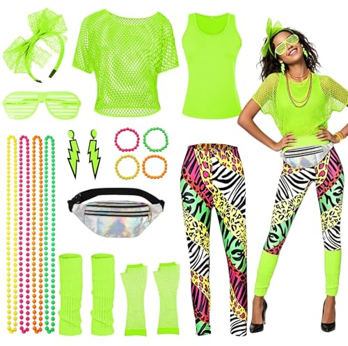 BIQIQI Costume Anni 80 Donna Accessori Neon Anni, T-Shirt, Top a Rete Fluo, Braccialetti, Collana, Orecchino, Marsupio Body, Scaldamuscoli, Occhiali, Guanti a Rete,Legging per anni '80 e '90