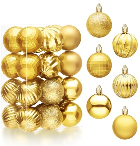 JOIEDOMI 24 Stück goldene Mini-Weihnachtskugeln, 4,1 cm, bruchsichere Weihnachtsbaumschmuck, Weihnachtskugeln, hängende Dekorationen für Weihnachtsbaum, Kranz, Girlande, Urlaub, Hochzeit, Innenparty,