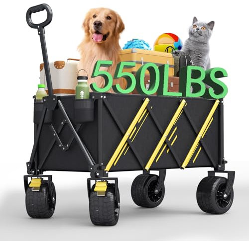 Carrelli pieghevoli, per raccogliere carichi pesanti da giardino, carrello portatile, carrello per animali domestici, con grandi ruote da spiaggia e portabevande per sport, shopping, campeggio