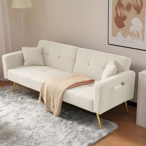 Dolamaní 2-in-1 Schlafsofa Sofa Couch mit Schlaffunktion, Verstellbarer Rückenlehne, goldenen Beinen, mit Kissen (Weiß)