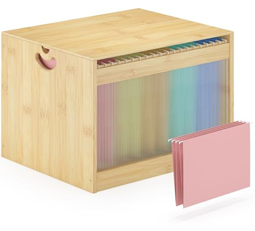 Hanging File Box Organizer for Letter Size, Bamboo Acrylic File Folder Storage with Lid Clear Moving Boxes Wooden with Handle Desktop Wood Filing Holder for Office Banker Document Nature 1 Pack
