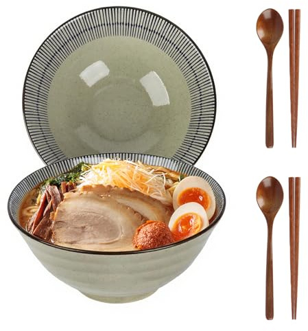 Qudubuy Large Ceramic Ramen Bowls Set of 2 with Chopsticks & Spoons - 1100ml Japanese Noodle Soup Bowls for Microwave & Dishwasher, Ideal Housewarming Gifts