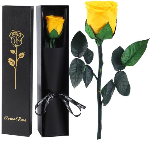Ewige Infinity Rose Rot mit Stiel, Geschenke für Frauen, Ewige Rose in Geschenkbox, Konservierte Blume für Mama Freundin, Geburtstagsgeschenk Jahrestag Geschenk Frau (Gelb)