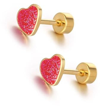SIXDUTON Pendientes Mujer Tuerca Titanio Forma Corazón Oro 14K Chapado Pequeños Lentejuelas Hipoalergénicos Cartílago Tragus Piercing Oreja Regalos Joyas Joyeria Fiesta (Rojo)