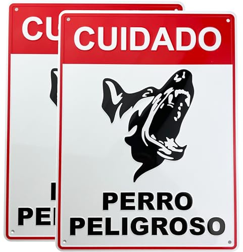 2 Unidades RELIEVE Cartel Perro Peligroso | 21x28 cm Calidad AAA+| Aluminio Lacado | Grosor 0.8 mm | Señal Cuidado | Impresión UV | Interior Y Exterior | Ojales Sujeccion
