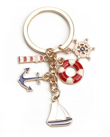 Niedlicher Schlüsselanhänger für Nautik, Geschenk für Freunde, Schwestern, Tante oder Reiseliebhaber, Anhänger, Leuchtturm, Rettungsring, Bootsrad und Anker, silber, Small