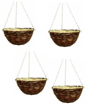 Wicker Basket Planter – Natural Rattan & Willow Flower Pot with Polythene Liner & Metal Hanging Chain – Decorative Indoor & Outdoor Garden Planter for Flowers (Hanging Basket 36cm, 14Inch x 4Pack)