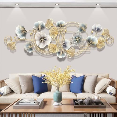 WUDLEP 127×50cm Ginkgo Biloba Metal Wall Ornaments, 3D Dimensional Metal Sculpture, Ginkgo Biloba Living Room Wall Decoration, Large Living Room and Home Decor
