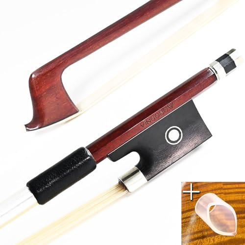 VINGOBOW Arco de violín de madera de Brasilwood de 1/4 cuarto, tamaño 56 cm, rana de ébano, crin de caballo blanco mongol, tono dulce bien equilibrado