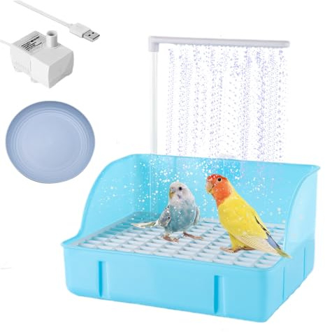 Oncpcare Automatic Fountain Bird Shower Bath with USB Pump, Parakeet Bath Bowl Waterfall Circulating Bird Large Bathtub - Electric Parrot Water Bathtub - for Birdcage, Indoor, Outside, Garden (Blue)