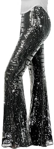 Nawgut Damenhose mit glitzernden Pailletten, ausgestellt, hoher Bund, weites Bein, Partyhose