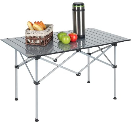 Relaxdays Mesa de Camping, Mesita Plegable Auxiliar, 55x95x53 cm, Acampada y Pícnic, Tablero Abatible, Acero, Plateado