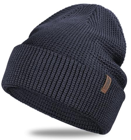 Outdoor Shaping Merino Wool Beanie Herren Damen - Warme Strickmütze mit Flip-Up Bündchen für Herren und Damen, Weiche Wintermütze mit Outdoor-Logo, Walkmütze Grau Schwarz