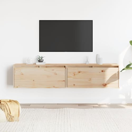 HaoChrymec Pensili da Parete 2 Pezzi, Mobile in Legno Massello di Pino Naturale, Scaffale Porta TV o Libreria, 80 x 30 x 35 cm