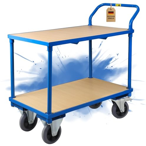 Abrollwerk Etagenwagen 400 kg Traglast – Rollwagen mit 2 Ebenen & Vollgummireifen – Plattformwagen Stahl 95x50x97 cm – Robuster Werkstattwagen Kommissionierwagen Tischwagen – Transportwagen fahrbar